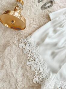 SilkySpell Lace Trim V-Neck Backless Silk-Like Women's Camisole & Shorts Pajama Set Lace Pajama Set Lace Sleep Set Bridal Pj Set Lingerie Sleep Set - White - View 6