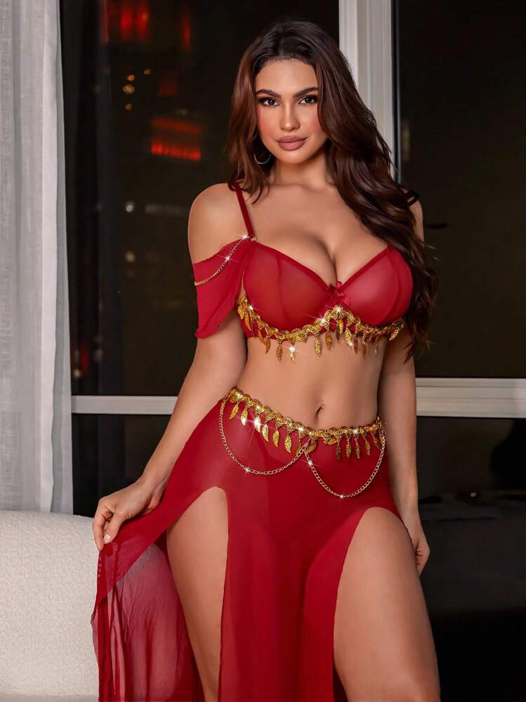 Fantasy Costume 3pcs Sexy Mesh Gold Leaf Tassel Chain Top & Slit Maxi Skirt & Thong Lingerie Set, Going Out - Burgundy - View 1