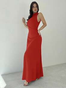 Firerie 女士优雅不对称肩部收腰A字型无袖针织连衣裙，紫红色，适合度假、海滩、派对 - 紅色 - 查看 7