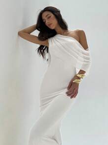 Aloruh 女士优雅纯色不对称领连衣裙