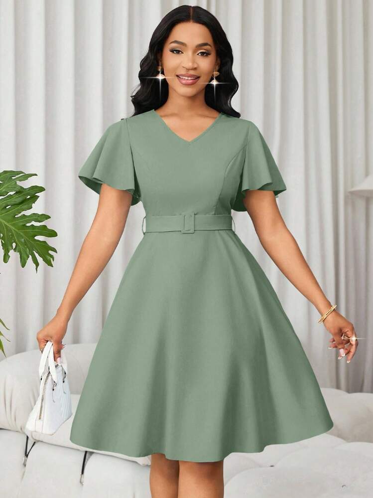SHEIN Ladiora Vestido mini elegante de manga corta con volantes en el bajo y corte evasé de un solo color para mujer - verde menta - Añade 4