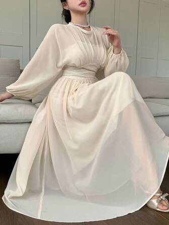 DAZY فستان شيفون أنيق وكاجوال للنساء بياقة مستديرة وتصميم تقاطعي على الخصر مع تطريز دانتيل، مناسب للزفاف والحفلات في فصول الربيع والصيف والخريف، فستان بأكمام طويلة