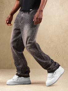 SUMWON Pantalones vaqueros de pierna ancha con aplicaciones de cristal y brillos, estilo de moda para salir de fiesta, festivales y eventos nocturnos - Negro - Ver 1