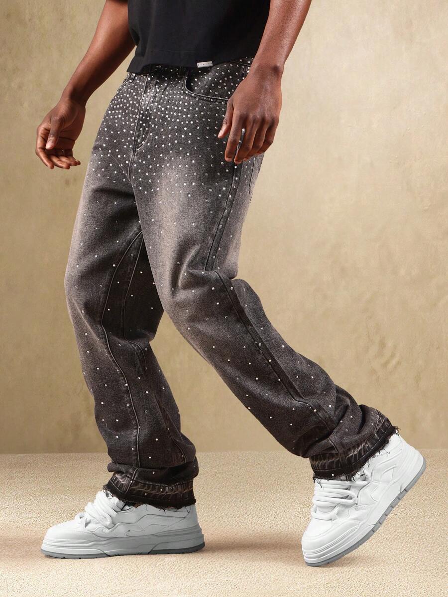 SUMWON Pantalones vaqueros de pierna ancha con aplicaciones de cristal y brillos, estilo de moda para salir de fiesta, festivales y eventos nocturnos - Negro - Ver 1