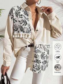 EURMUSE 100%Cotton Plant Print Fringed Drop Shoulder Sleeve Shirt - Black - View 4