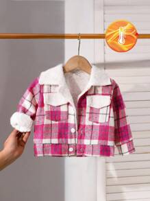 SHEIN Veste de mode mignonne à manches longues avec col en fausse fourrure à carreaux pour bébé fille, hiver - Rose vif - Voir 4