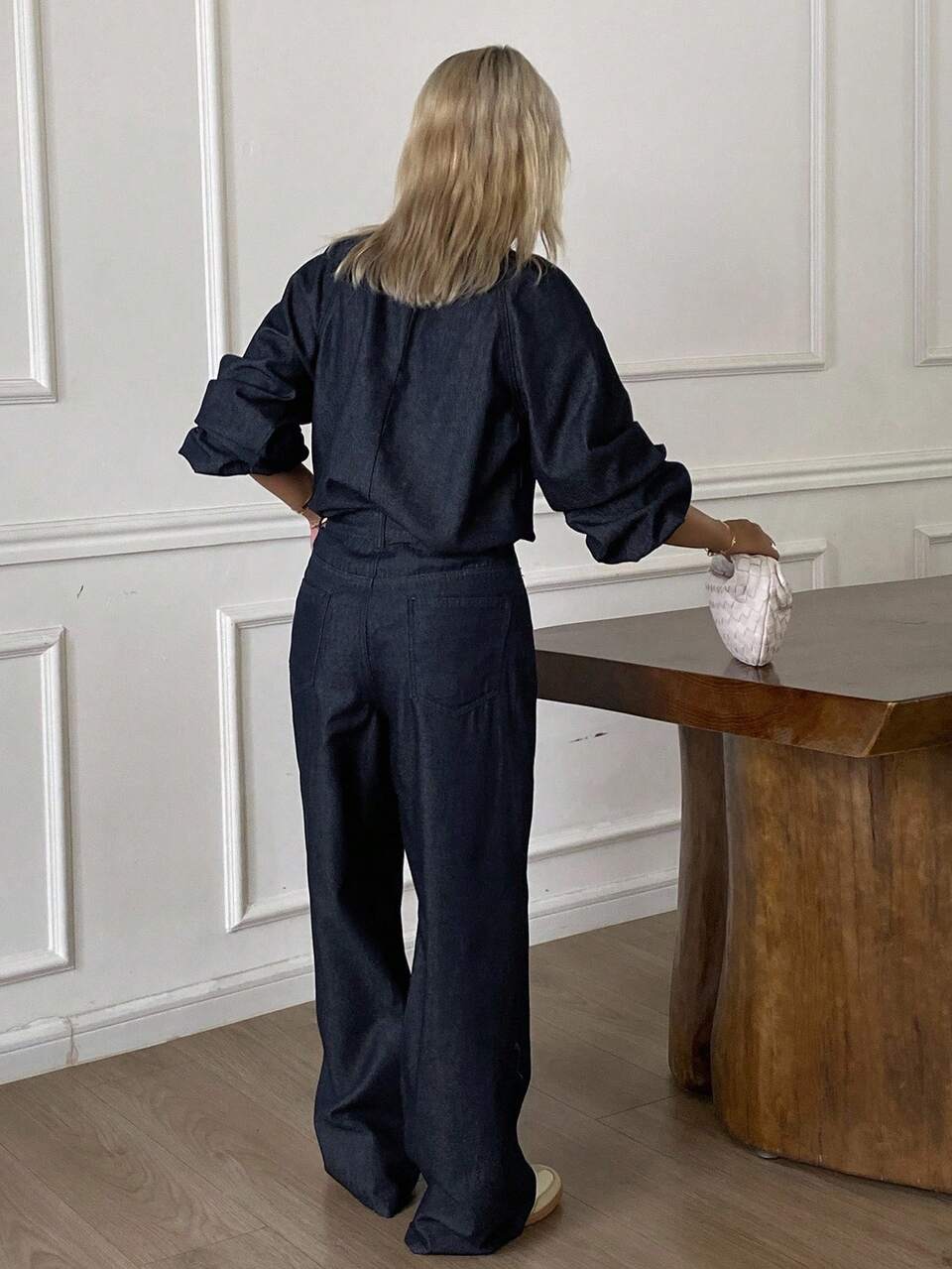 Women's Tie-Up Korean Style Long Sleeve Shirt And Loose Fit Long Pants 2 Pieces Denim Suit Petite