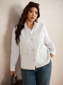 Elaquor Áo khoác vest không tay cài một hàng khuy cỡ lớn dành cho nữ vào mùa thu/đông - Màu be - Xem 4