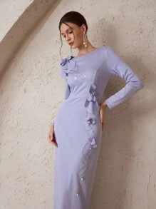Modelyn 女士花卉 3D 水晶装饰圆领长袖连衣裙 - 紫色 - 查看 1