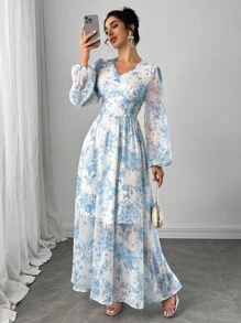 Modelyn 女式花卉印花V领灯笼袖优雅连衣裙 - 藍色 - 查看 5