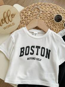 Baby Boy/Girl Casual Street Style Letter Print Short Sleeve Top Elastic Waist Color Block Pants Set - Multicolor - View 4