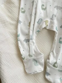 儿童新生儿男孩卡通恐龙印花圆领长袖前开扣柔软舒适连脚连体衣 - 米色 - 查看 4