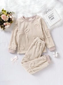 Genkimix Kids Girls' Apricot Butterfly Jacquard Velvet Long Pants And Long Sleeve Casual 2 Pieces Loungewear Set  Girls Lounge Set Soft Pajamas Set Girls Winter Sets Plush Pajama Set Fuzzy Pajama Set 8Y-12Y Fall