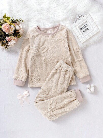Genkimix Kids Girls' Cute Beige Butterfly Jacquard Velvet 2 Pieces Loungewear Set,Autumn Soft Sleep Pajamas,Long Sleeve Plush Fuzzy Pajama Set,Winter Sets 8Y-12Y