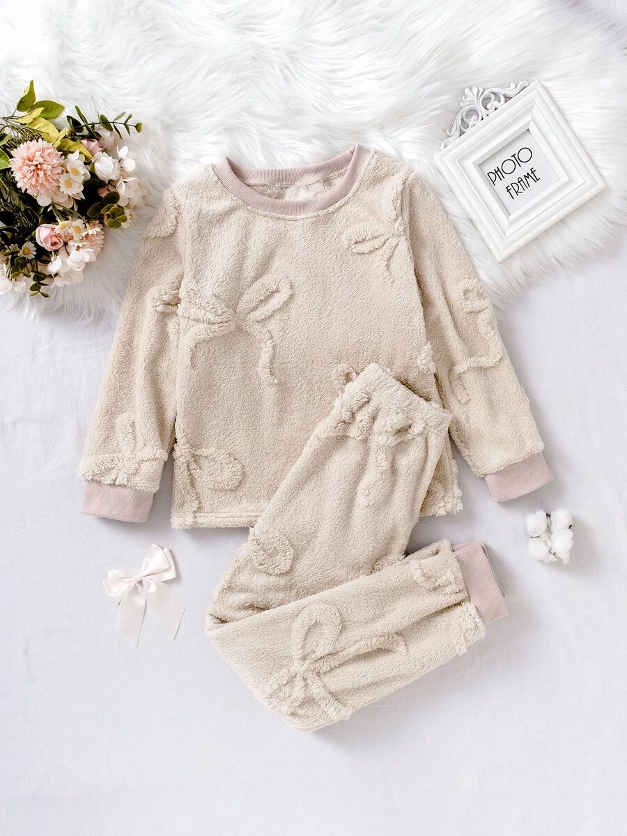 Genkimix Kids Girls' Apricot Butterfly Jacquard Velvet Long Pants And Long Sleeve Casual 2 Pieces Loungewear Set  Girls Lounge Set Soft Pajamas Set Girls Winter Sets Plush Pajama Set Fuzzy Pajama Set 8Y-12Y Fall