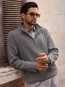 Manfinity VCAY Men's Grey Quarter Zip Sweater,Loose Fit High Neck Ribbed Knit Pullover For Autumn,Smart Casual Date Night Cashmere Soft Solid Color Men's Knitwear - Dark Grey - View 3
