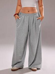 Rustia 大码女式休闲宽松阔腿运动裤，百搭美式街头风 - 灰色 - 查看 3