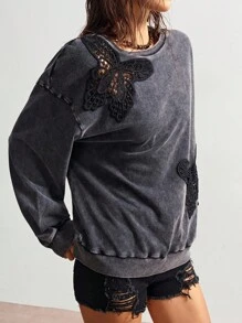 Bohemela 秋冬波西米亚风休闲纯色针织圆领宽松水洗女式运动衫 - 黑色 - 查看 3