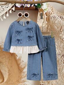 SHEIN Vintaside Kids 女宝宝韩版优雅3D蝴蝶结时尚套装，秋冬 - 藍色 - 查看 2