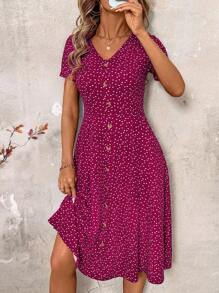 SHEIN Clasi 大码休闲度假全印花短袖连衣裙 - 中紫紅色 - 查看 1