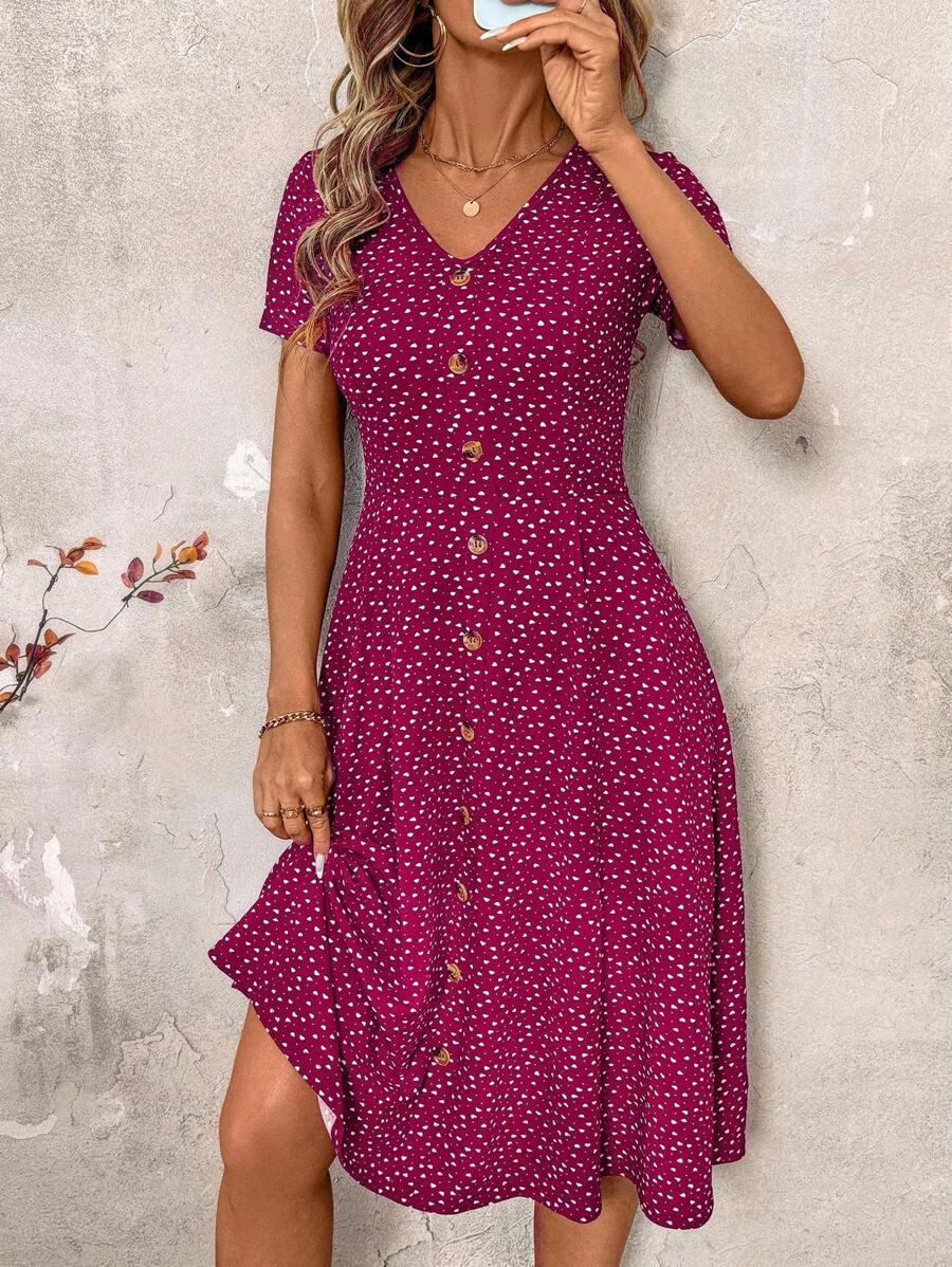 SHEIN Clasi 大码休闲度假全印花短袖连衣裙 - 中紫紅色 - 查看 1