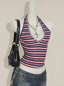 SHEIN ICON Sexy Deep V-Neck Rainbow Striped Tight Camisole - Multicolor - View 6