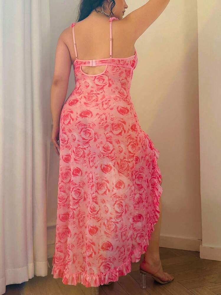 SHEIN 2 pièces Ensemble de nuisette fendue sexy à imprimé rose pour femmes - Rose bonbon - Voir 2