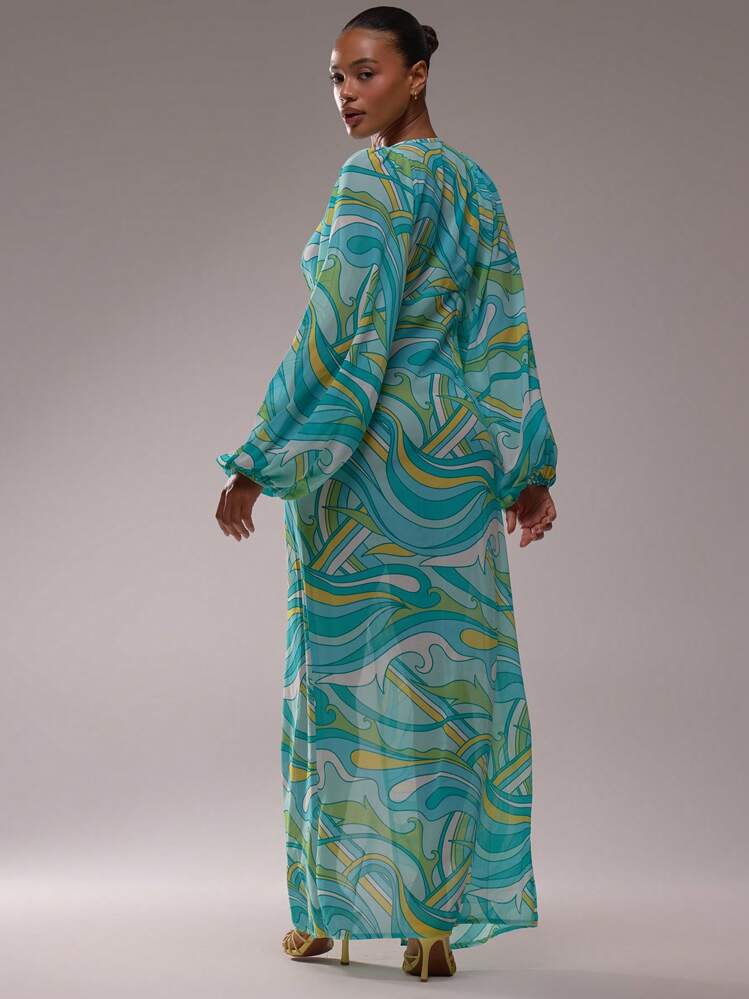 MUSERA Deep V Neck Loose Fit Tassel Detail All Over Print Long Sleeved Maxi Dress Spring Summer Vacation Elegant Wedding Guest Holiday Beach Ibiza Long Dress - Blue - View 2