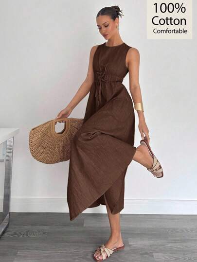 Siren Gaze Women's Sleeveless A-Line Long Linen Dress, Spring/Summer,Casual Dresses For Women,Elegant Dresses For Women, Party Brown Casual Brown