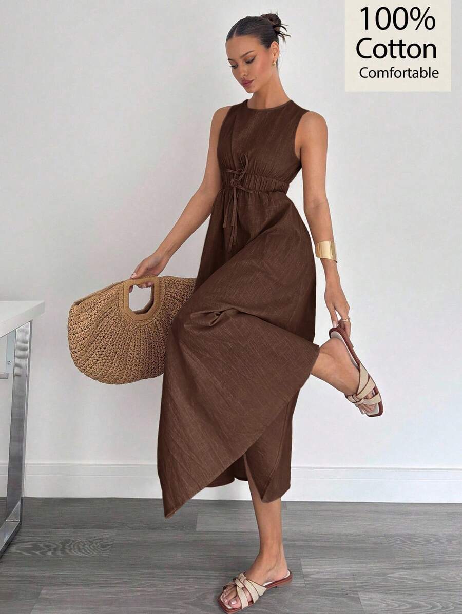 Siren Gaze Váy dài vải lanh dáng chữ A không tay dành cho nữ, Xuân/Hè - màu nâu - Xem 1