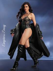 女士性感撞色蕾丝镂空设计紧身衣，外出穿着 - 黑色 - 查看 3