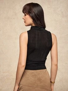 House of One Old Money Glittery Knit Mock Neck Sleeveless Ruched Black Top Women Elegant Casual Autumn Black Tank Top Women Black Sleeveless Top Turtleneck Tank Top High Neck Tank Top Black Turtleneck Tank Top Sleeveless Turtleneck Mock Neck Tank Top Black Turtleneck Top Sleeveless Turtleneck Top Fall Outfits Business Professional Women Business Casual Woman - Black - View 2