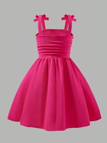Elladie kids Tween Girls' Elegant Solid Color 3D Full Body Ribbon Bow Pleated Strap Dress, Popular For Party, Spring/Summer New Arrival - Hot Pink - View 2
