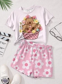 SHEIN Leap Crew 2 件可爱粉色水豚印花少女休闲简约短袖短裤套装，适合夏季、清凉夏日、度假氛围、可爱的 Y2K 椰子女孩波西米亚假期春假早午餐准备淡蓝色女孩之旅霓虹海滩氛围波西米亚嬉皮音乐节 - 彩色 - 查看 2