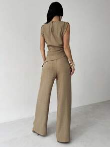 Firerie 女式两件套卡其色简约优雅休闲通勤办公室服装：无袖不对称褶皱腰衬衫 + 常规褶皱阔腿裤、亚麻通勤套装、沙滩装、机场装、度假装、教师装