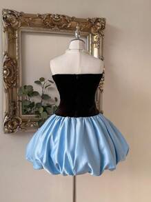 SHEIN Belle Elegant, Romantic, Black & Blue Satin Strapless Tube Bow Decor Dress, Birthday Party Prom Wedding Guest Dress