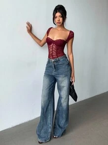 Aloruh Anker 红色性感蕾丝紧身衣 - 酒紅色 - 查看 8