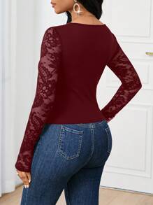 SHEIN Lady 2025新款优雅通勤纯色蕾丝拼接修身长袖T恤纯色上衣外出上衣女式长袖T恤长袖上衣，女士秋季服装 - 酒紅色 - 查看 2