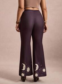 SHEIN VCAY Plus Size Dark Purple Crescent Moon & Sun Print Flare Pants,Autumn Rock And Roll Rave Boho Bell Bottoms Western Wear Women Casual Celestial Jeans - Black - View 2