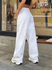 EURMUSE 100% Cotton LOW RISE WIDELEG CUT WHITE JEAN PETITE - White - View 2