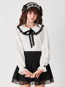 ROMWE EDITION 女士时尚可爱彼得潘领蕾丝边长袖衬衫 - 白色 - 查看 5