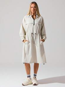 Menodora SHEIN Sport 女式长款抽绳连帽拉链夹克 - 杏色 - 查看 3