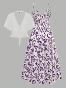 Flirla 大码女式纯色半透明雪纺浪漫荷叶边领带开衫夹克和 V 领细肩带长裙 2 件套，浪漫优雅的女装，适合夏季、户外、室内、休闲、法式休闲、派对 - 紫色 - 查看 2