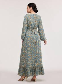 Veilorie Pleated Panel Ruffle Trim Lantern Sleeve Self Belted Modest Long Sleeve Dress - Multicolor - View 2