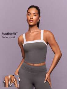 GLOWMODE FeatherFit™ Débardeur court rétro doux et élastique, évacuant la transpiration, avec bonnets amovibles, dos en V profond, bicolore. Adapté au yoga, au Pilates, à la barre, au gym, à l'usage quotidien et décontracté. - Gris foncé - Voir 1