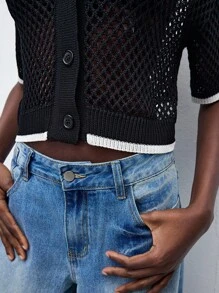 Maija 女士宽松蝙蝠袖圆领镂空针织开衫，商务休闲，适合音乐节，波西米亚风格 - 黑色 - 查看 8