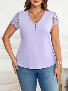 SHEIN Clasi Plus Size Casual Solid Color Lace Patchwork Short Sleeve T-Shirt - Mauve Purple - View 1