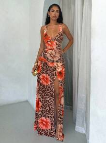 Glamine Vacay Vibes Floral Beach Graphic Print Leopard Floral Pattern Women Long Dress, Stretchy Jersey Fabric, Sexy Elegant Beach Sundress For Summer Holiday--Floral Pattern Random Fall Women Clothes Back To School Halloween