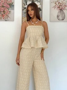 Siren Gaze 2件套女士休闲提花吊带背心上衣和裤子套装 - 卡其色 - 查看 5