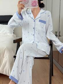 女士竖条纹爱心印花纽扣上衣和裤子睡衣套装，秋冬条纹睡衣爱心印花睡衣套装女士纽扣睡衣套装 - 淺藍色 - 查看 4